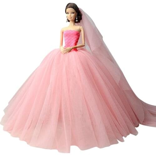 1 Pcs Fashion Wedding Dress Pink Lace Outfits Princess Evening Party Gown Long Dresses Dolls Clothes & Veil For Barbie Doll