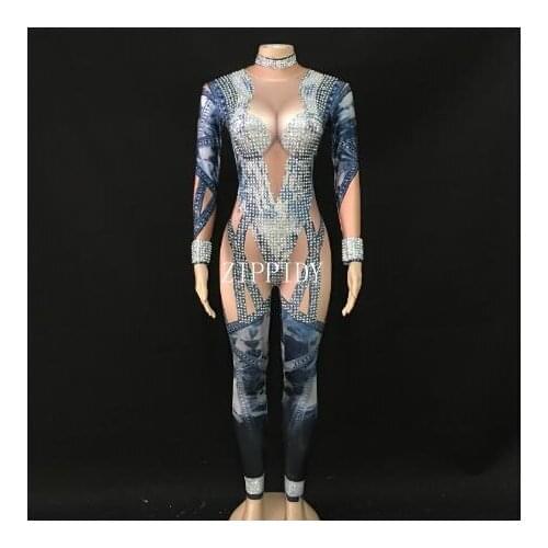 2019 Denim Pattern Rhinestone Jumpsuit Costume Women stage Performance Dance Stretch Bodysuit Nightclub Show Wear