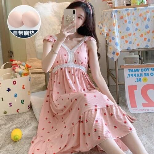 2021 Summer Sleeveless Sexy Lingerie Lace V-neck Print Nightgowns Women Loose Long Dress Sleepwear Nightdress Night Dress Nighty