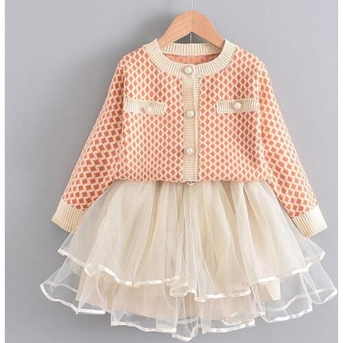 27KIDS Girls Winter Autumn Princess Knitted Lace Skirt Dress For Kids Clothes Children Clothing Party Style Casual Dresses Sets