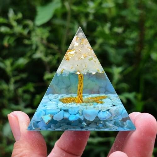 50mm Tree of Life Orgone Pyramid Energy Chakra Reiki Meditaiton Tool White Quartz With Turquoise PTSD Orgone