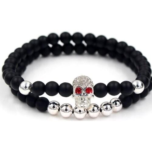 6mm 2PCS/Lot ef2 gold silver Copper cz zircon cubic zirconia elastic adjusted Charm nature stone skull agate Onyx Bracelet