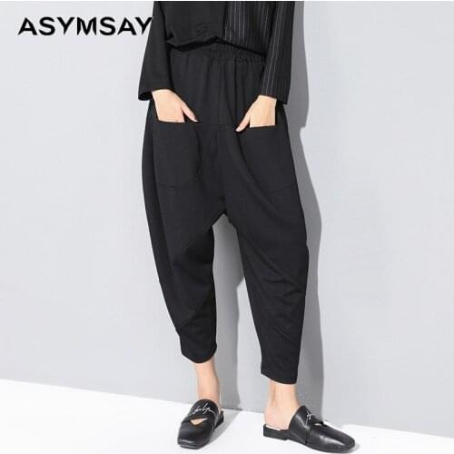 ASYMSAY Summer New 2021 Women Black Solid Pockets Casual Pants Loose Large Size Cross Pants Ankle-length Pants AL2031