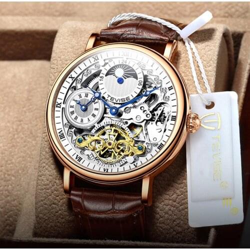 2021 New TEVISE Dual Time Mens Tourbillon Watch Moon Phase Classic Automatic Mechanical Watch Leather Strap Waterproof Luminous