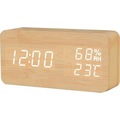 1 Pcs Digital Alarm Clock Wooden LED Temperature Electronic Voice Control Table Clocks For Home Office