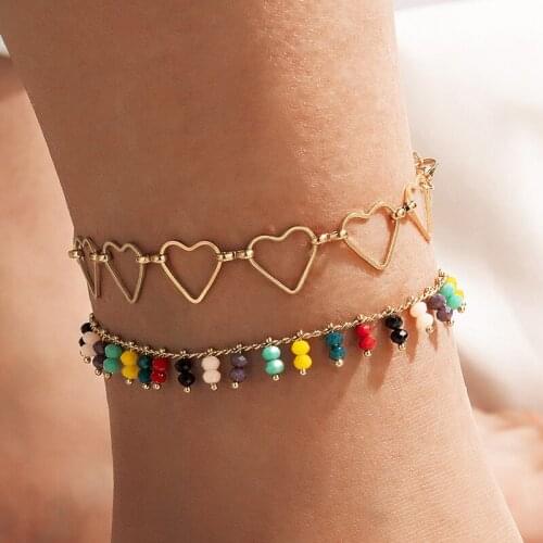 Docona 2pcs/set Bohemian Colorful Beaded Anklets for Women Summer Adjustable Geometry Hollow Heart Foot Chain Jewelry 17926