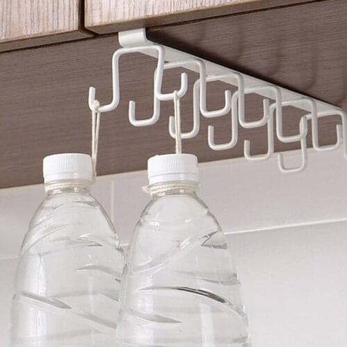 T84E Kitchen Double-Row Hook Wrought Iron Hanging Cup Holder Household Punch-Free Wall Cabinet Hook Spatula Rack Cup Storage