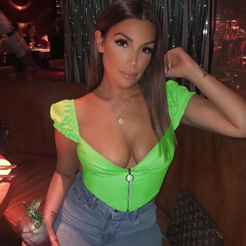 InstaHot V-Neck Short sleeve Backless Crop Top 2019 Summer Neon Green Zipper Ruffles Sexy Casual Streetwear Women Slim T Shirts