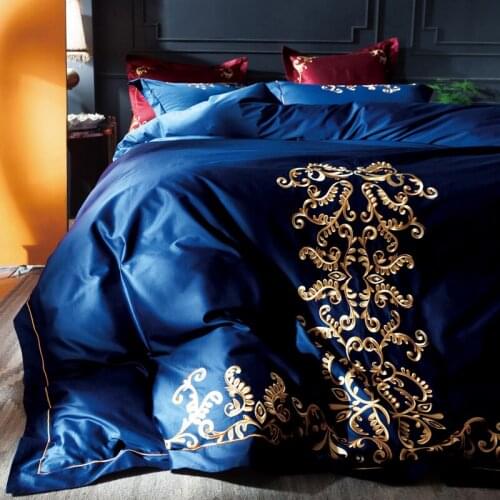 120S Egyptian Cotton Embroidery blue Luxury Royal Bedding Set 4pcs King Queen Wedding Bed Sheet set Duvet cover Pillowcase 6pcs