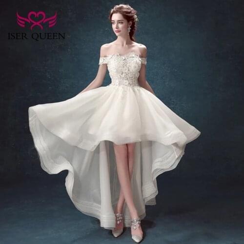 FLoral Appliques Low/High Short Beach Wedding Dress Ivory Color Cap Sleeve Tulle Bride Dress for Girl WX0087