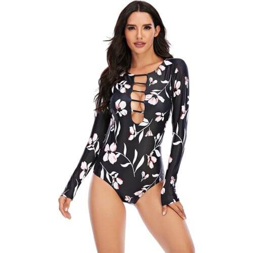 Summer Print One Piece Swimsuit Zipper Closed Long Sleeve Swimwear Sports Surfing Womens Swimming Bathing Suit Beach Bather