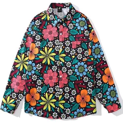 Mens Floral Leave Print Hawaii Shirts Male Harajuku Button Shirts Streetwear Fall Long Sleeve Oversize Blouse camisa masculina