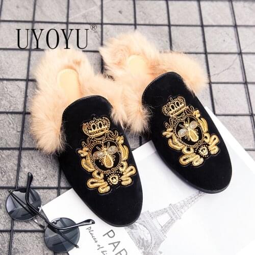 Mules Black Cow Suede Shoes Men Half Fur Shoes For Men Embroidery Fashion Designer Shoes Mens Luxury Casual Slip On Slides Bee