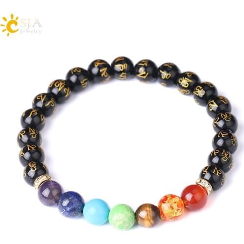 CSJA Natural Stone Black Red Onyx Agates Bracelet Tibetan OM Buddhism 7 Chakras Prayer Mala Beads Bracelets for Women Men F283