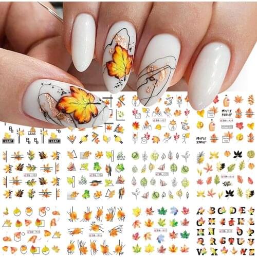 Autumn Leaves Nail Water Stickers Maple Leaf Geometry Line Fall Sliders Transfer Decals Polish Decoration Foil LABN1921-BN1932