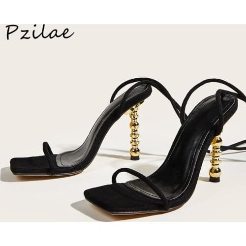 Pzilae 2021 New Summer Women Sandals Sexy Square Toe Lace Up Women Gladiator Sandals Metal High Heels Party Shoes Black Size 41