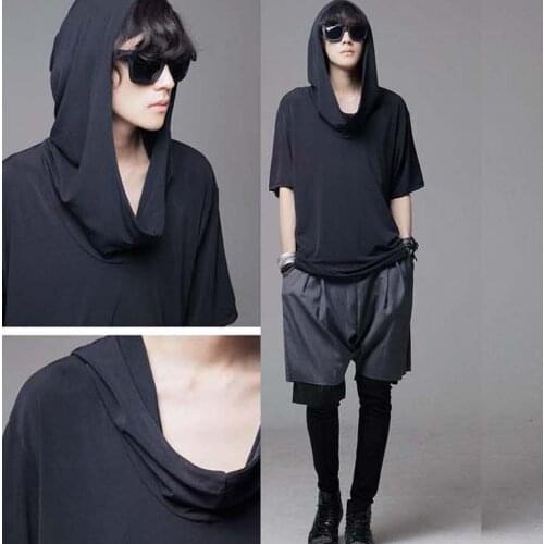 S-4XL ! 2016 Mens with a hood loose t-shirt non-mainstream summer short-sleeve mens clothing new arrival singer costumes