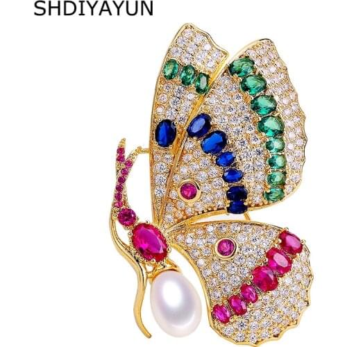 SHDIYAYUN 2019 Pearl Brooch For Women Vintage Zircon Butterfly Brooches Pins Natural Freshwater Pearl Fine Jewelry Accessories