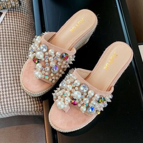 On A Wedge Slippers Casual High-heeled Shoes Lady Summer Clogs Woman Platform String Bead Glitter Slides Shose Women Luxury