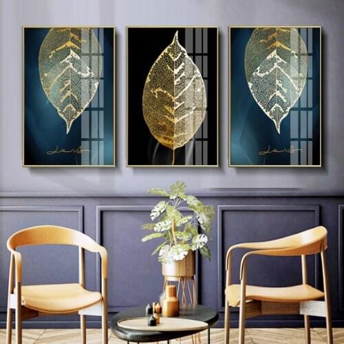 Modern Minimalist Golden Leaves Canvas Painting Black Background Hanging Picture Home Decor Poster For Living Room Bedroom