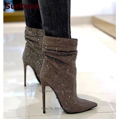 Surkova Luxury Bling Bling Crystal Ankle Boots Thin high Heel Pointed Toe Pleated Short Booties Sparkly Black Rhinestone Pumps