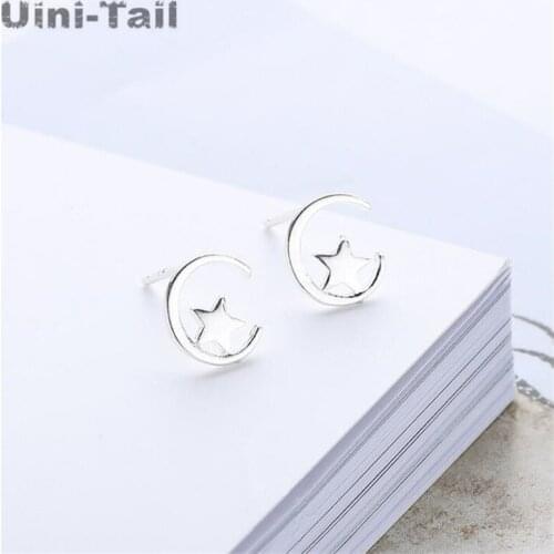 Uini-Tail hot new 925 sterling silver moon hollow five-pointed star earrings fashion trend sweet and lovely star moon earrings