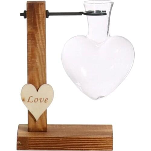 Vintage Glass Tabletop Hydroponic Love Herat Flower Vase W/Wooden Stand