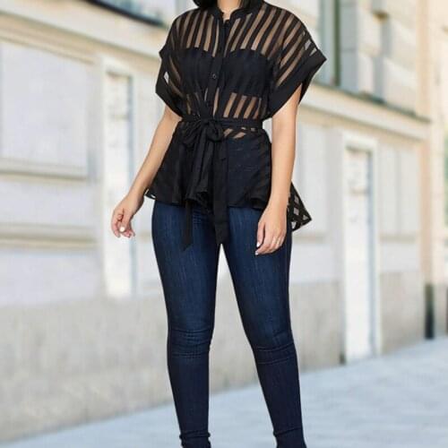 Casual Blouse New Style Striped Sexy Hollow Perspective Lace Up Collar Solid Color Top Fashion Short Sleeve Daily Shirt