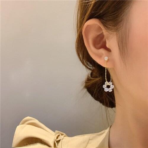 MENGJIQIAO Korean Elegant Flower Crystal Long Hanging Drop Earrings For Women Elegant Temperament Oorbellen Party Jewelry