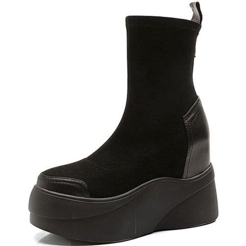 Women Motorcycle Boots Wedges Flat Shoes Woman High Heel Platform PU Leather Boots Lace Up Women Shoes Black Boots Girls