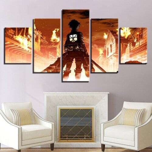 5pcs Japan Anime Attack On Titan Flame Picture Wall Art Home Decor Poster Canvas HD Print Painting For Living Room Decoration