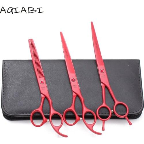 A3102 3Pcs Suit 7" AQIABI Cats Dog Grooming Scissors Straight Scissors Thinning Shears UP Curved Shears Pet Scissors Finger Rest