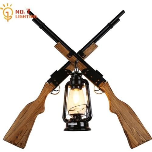 American Retro Industrial Shotguns Wall Lamp Solid Wood Led E27 Decorative Wall Mounted Home Decor Loft Bar Living Room Coffee