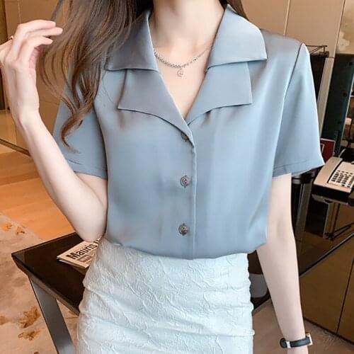 Blue Shirt Women Office Lady White Blouses Button Korean Fashion Woman Clothes Short Sleeve 2021 New Summer Tops Chemisier Femme