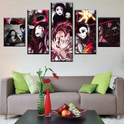 Home Decor 5 Panel Canvas Wall Art Demon Slayer Kimetsu No Yaiba Painting Pictures Printing Modular Frame Poster For Living Room