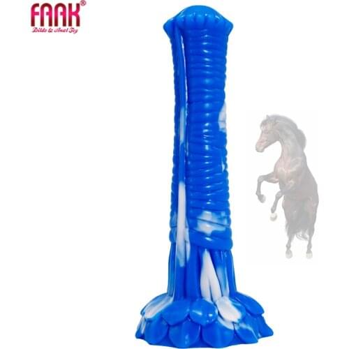 FAAK 2021 Animal Horse Penis Dildo And Sucker Blue And White Big Long Silicone Anal Toy Male And Female Masturbation Device