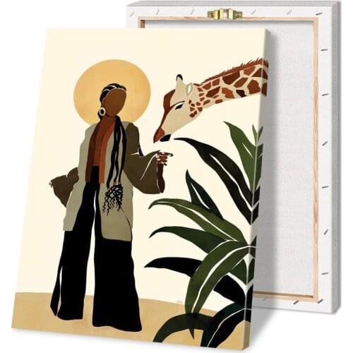 HD Home Decor Printing Minimalist Characters and Giraffe Canvas Wall Art Oil Painting Living Room Decoration with Frame