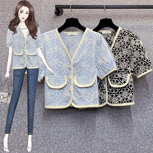 JSXDHK New Plus Size Pearl Button Women Blouse Tops Designer Summer Flower Embroidery Cotton V Neck Short Sleeve Female Shirts