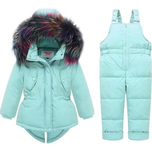 Baby Kids Girl Clothing Sets -25 Degree Russia Winter Colored Fur Hooded Coat + Overall Jumpsuit Snow Children Suit