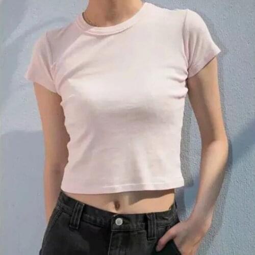 Summer Women White Cotton T-Shirt Solid O-Neck Female Streetwear Tight T Shirts Short Sleeve Casual Crop Tops Ladies Strench Tee