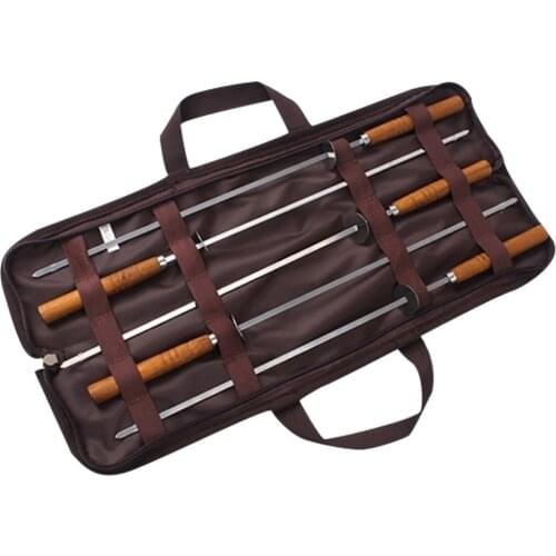 5 Piece Outdoor Barbecue Skewer Grill Tool Set Stainless Steel Barbecue Needle Wooden Handle with Sliced Grilled Meat Skewer