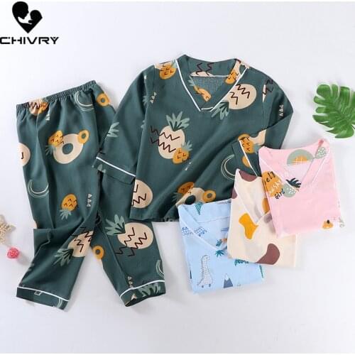 New 2021 Kids Boys Girls Summer Pajama Sets Cartoon Print Long Sleeve V-Neck T-Shirt Tops with Pants Baby Sleeping Clothing Set