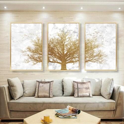 SELFLESSLY 3 Panels/set Golden Tree Modern Painting on Canvas Wall Pictures for Living Room Posters and Prints Nordic Art Decor