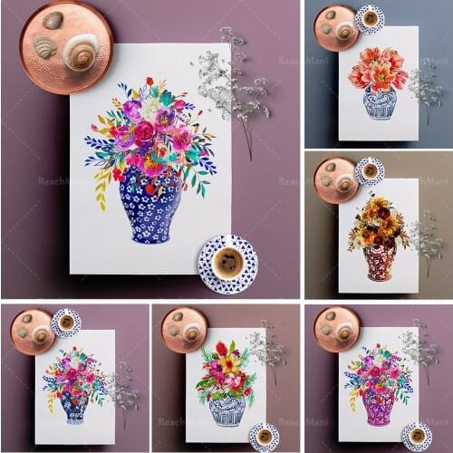 Chinese style chic canvas ginger pot printing blue and white porcelain Chinese Ming vase Chinese vase wall hanging art Hampton