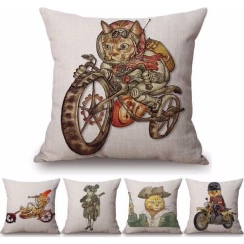 Funny Humorous Cat Pillow For Home Decoration Cotton Linen Cartoon Car Riding Motorcycle Cosplay Sofa Throw Pillow Cushion Cover