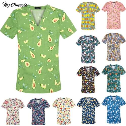 Women Cute Cartoon Print Nursing Scrubs Tops Casual Short Sleeve Women Scrubs Uniforms Doctor Work V-neck Nursing Anime Clothes