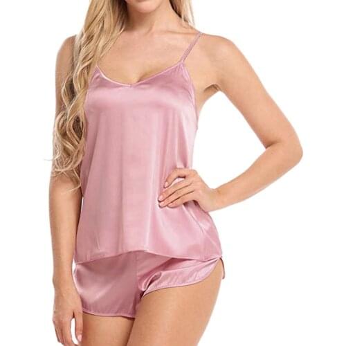 Women Sexy Pure Color Sling Sleepwear Set Silky Satin Pajama Set Sweet Soft Comfortable Short Sleeve T Shirts & Shorts Homewear
