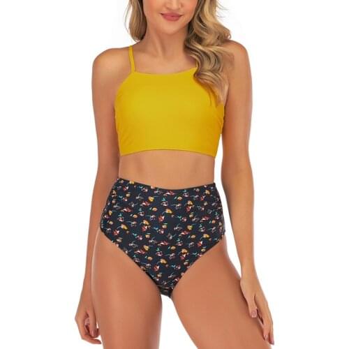 Female Cover Belly Fashion Solid Color Sling Split Triple-Cornered Swimsuit Female High Waist Bikini