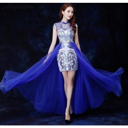 Blue White Satin Cheongsam Chinese Evening Dresses Long Vintage Gown Oriental Style Fashion Dress Qipao Women Robe Rouge