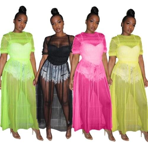 2019 women new mesh see though o-neck short sleeve splicing fit & flare maxi dress beach cloak long gauze dresses 3 color AJ4064